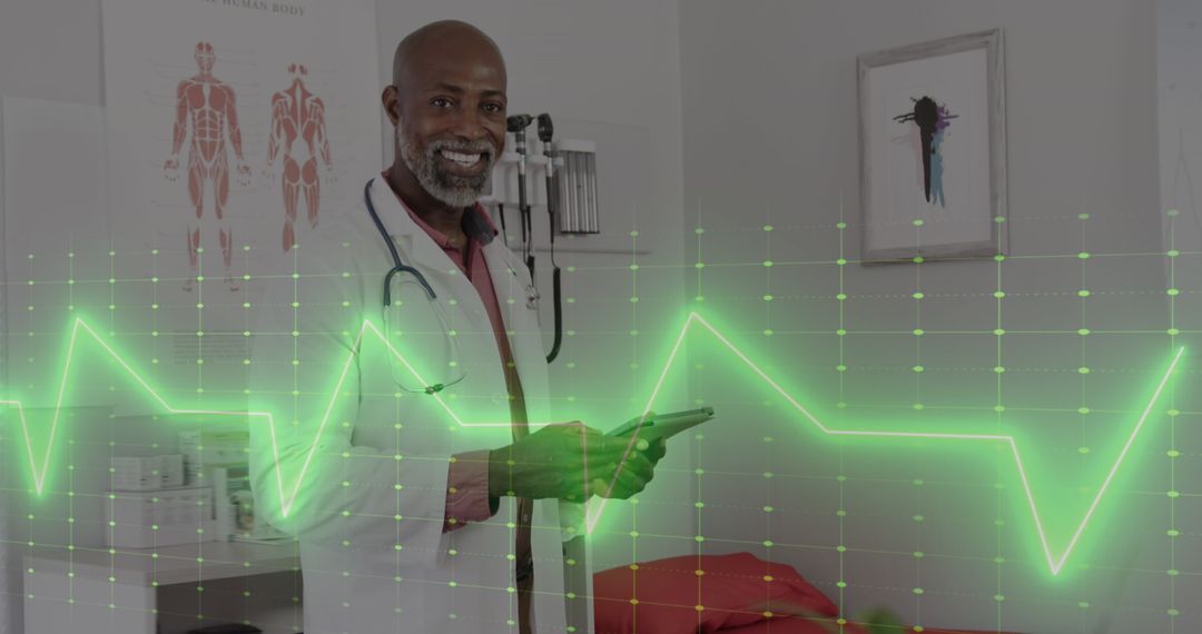 Cheerful Doctor with Tablet and Digital Cardiogram Interface