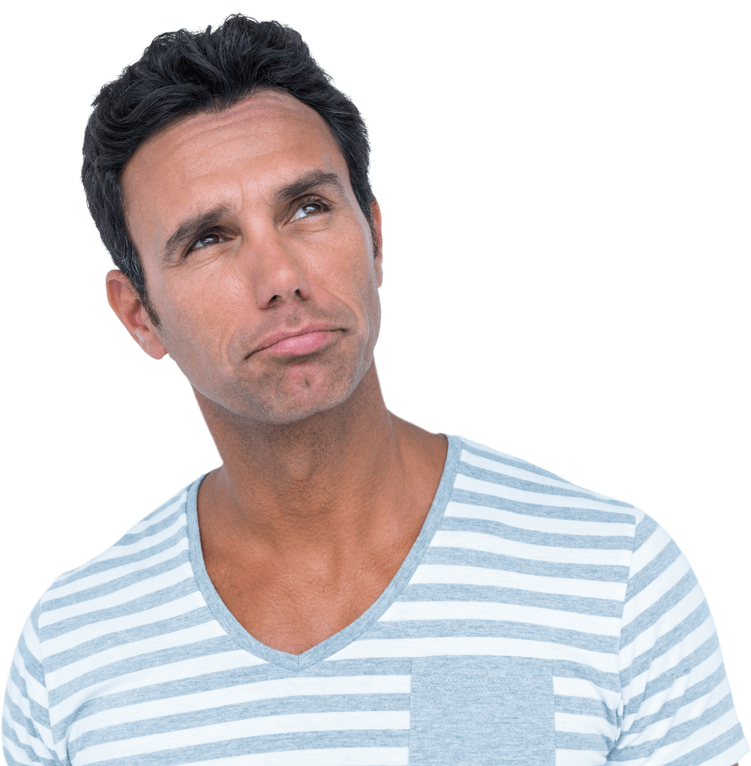 Transparent Background Thoughtful Man Looking Away in Striped Shirt