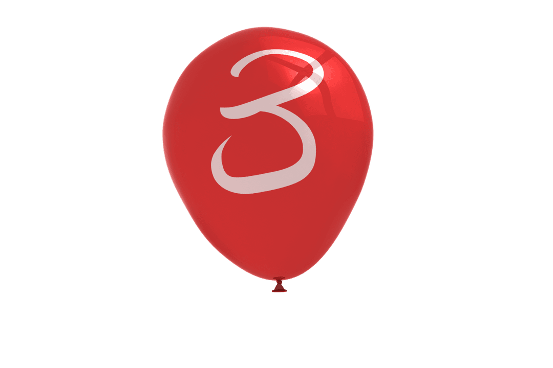 Red Balloon with Number 3 on Transparent Background