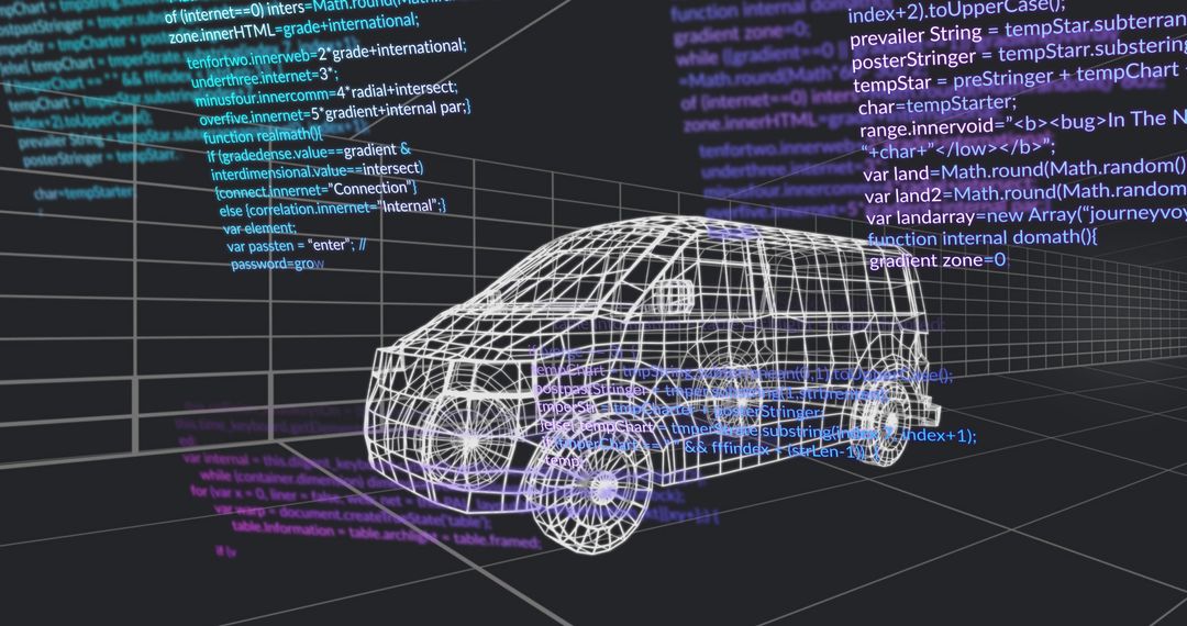 Wireframe 3D Van Model Floating with Code Panels
