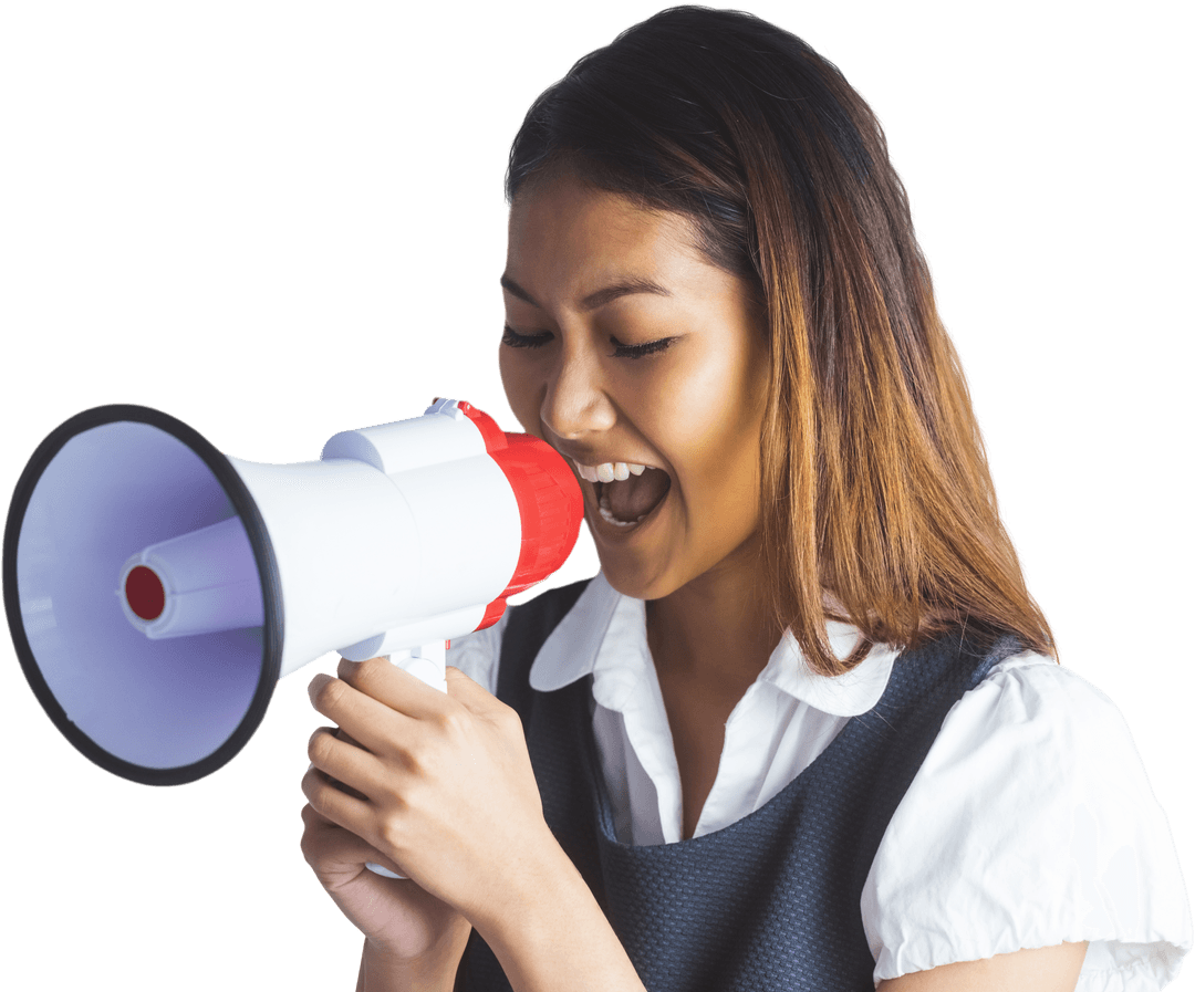 Energetic Biracial Woman Using Megaphone on Transparent Background
