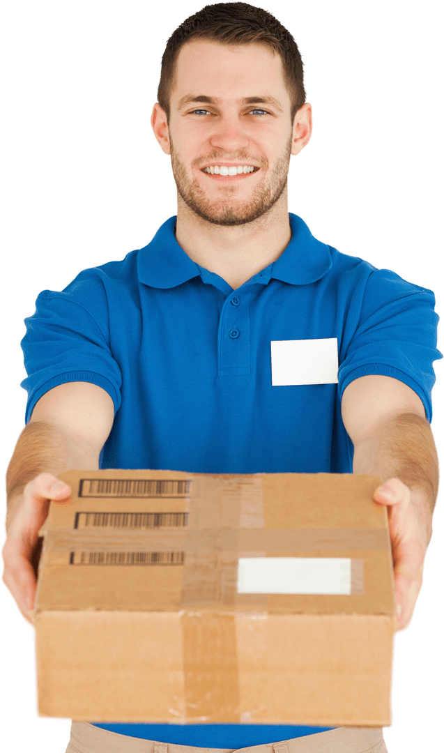 Smiling Delivery Man with Cardboard Box on Transparent Background