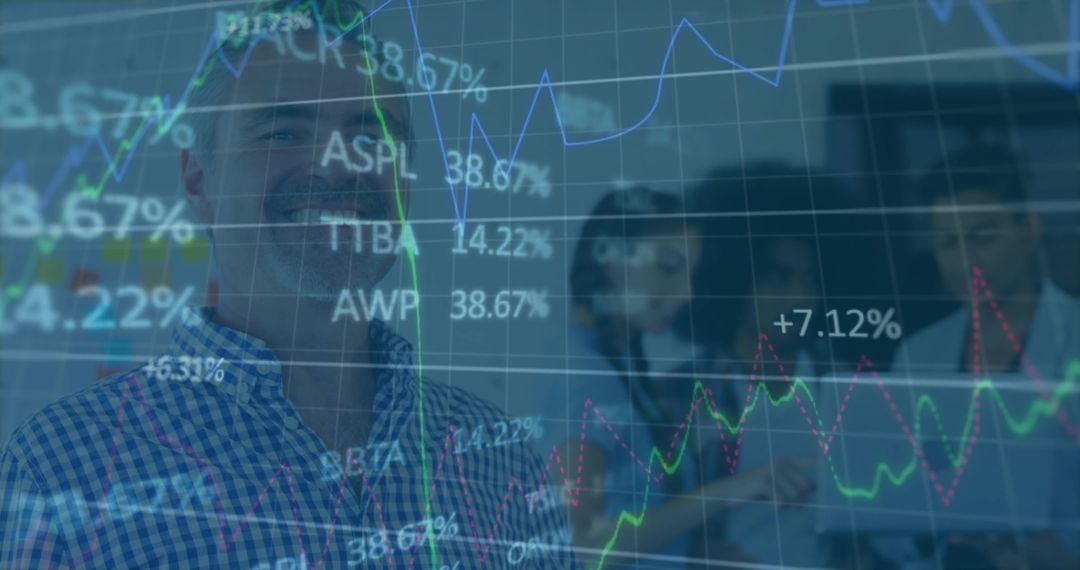 Business leader presenting market data with smiling team and overlaid financial charts
