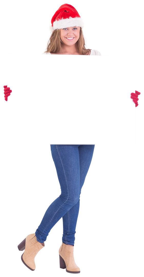 Transparent festive woman holding blank white poster with Santa hat - Download Free Stock Images Pikwizard.com