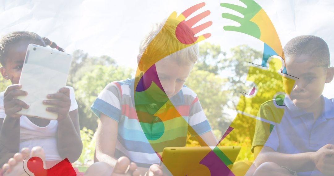 Children with Tablets and Puzzle Ribbon Symbolizing Autism Awareness
