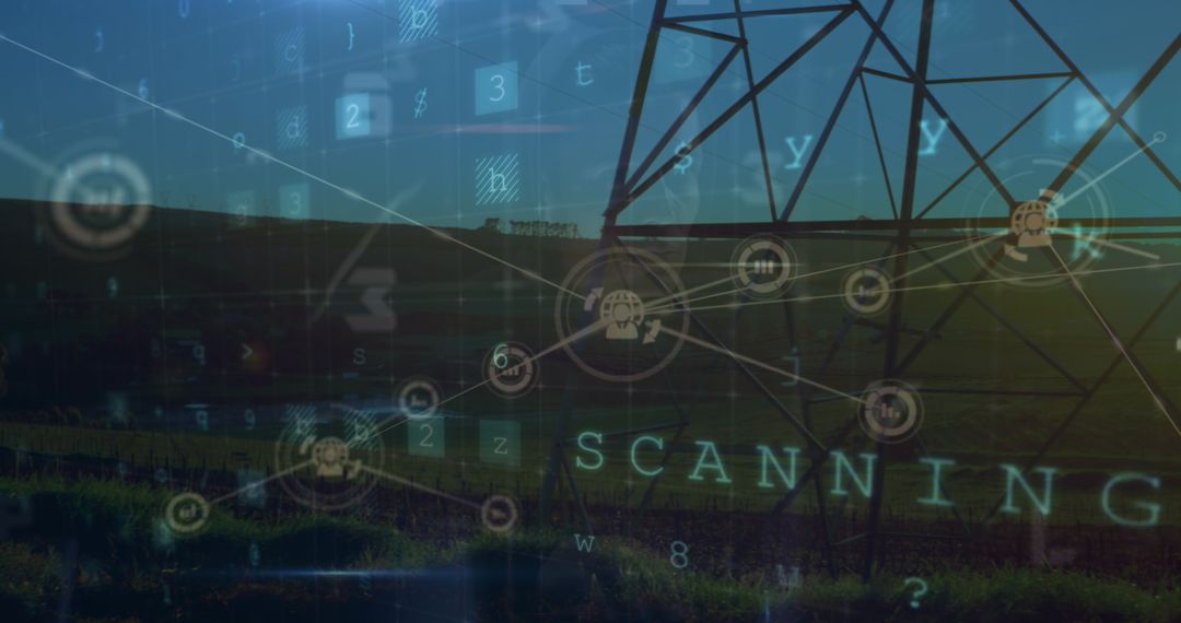 Digital Network Connections Overlaying Power Line at Sunset