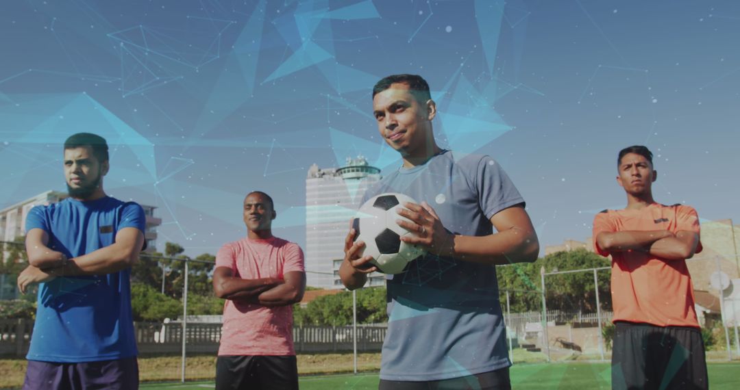 Team of Soccer Players with Futuristic Network Overlay on Field