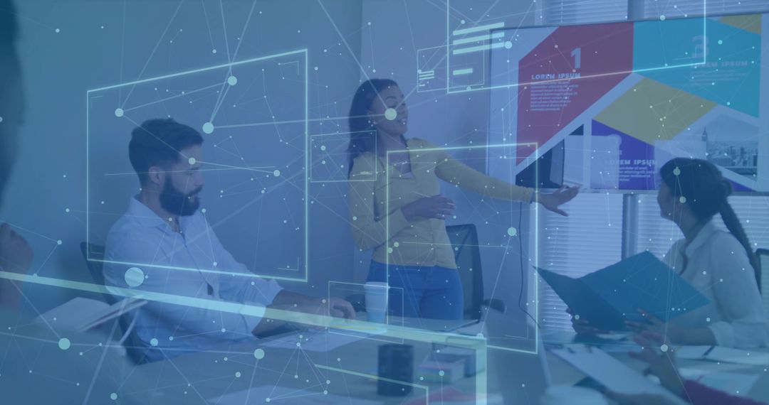 Modern Office Presentation with Futuristic Digital Overlays