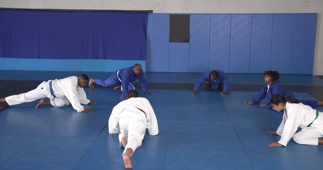 Martial Arts Class Practicing Stretches in Dojo Setting
