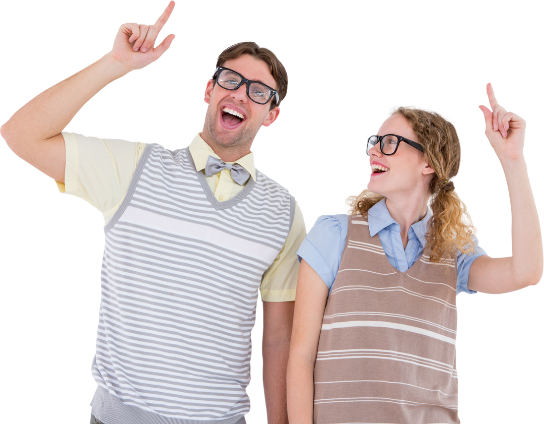 Geeky Hipster Couple Pointing Up Towards a Transparent Overlay - Download Free Stock Images Pikwizard.com