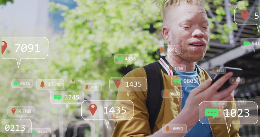 Man Engaging with Social Media Data on Smartphone Outdoors