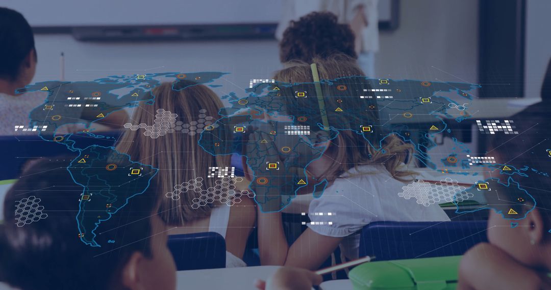 Digital Learning Concept in Modern Classroom with Global Connections Overlay