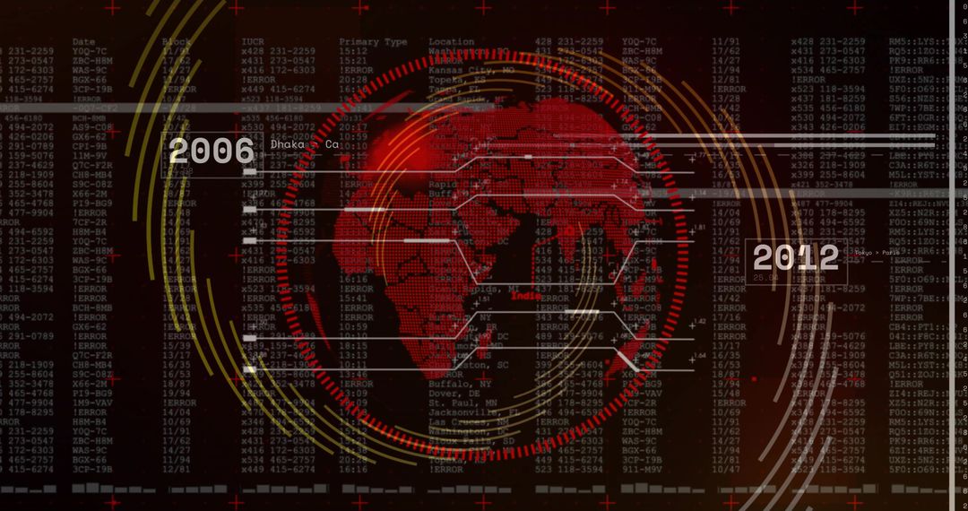 Rotating Red Globe with Concentric Data Rings and Futuristic Network Interface