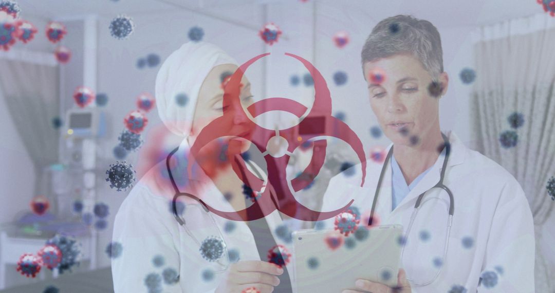 Doctors Discuss Medical Diagnosis with Floating Virus Icon Symbolizing Pandemic