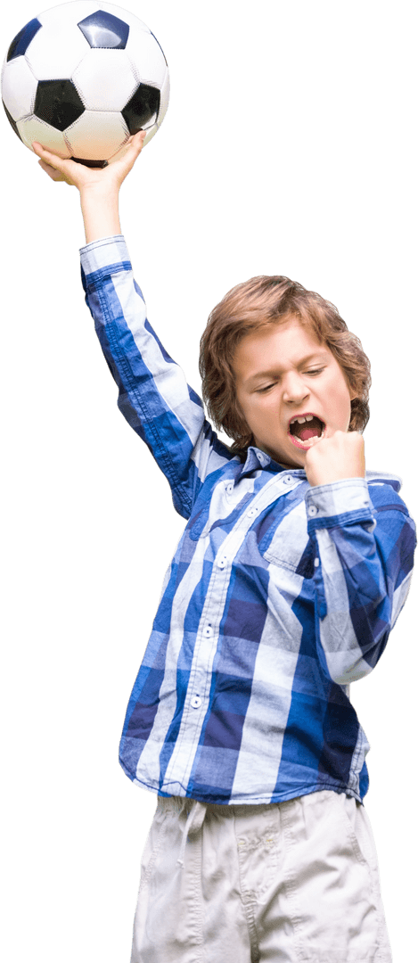 Energetic Caucasian Boy Celebrating with Soccer Ball on Transparent Background