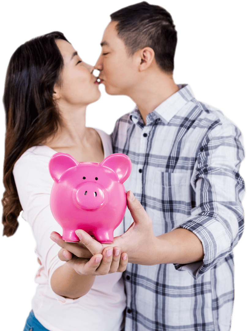Happy Couple Holding Transparent Piggy Bank