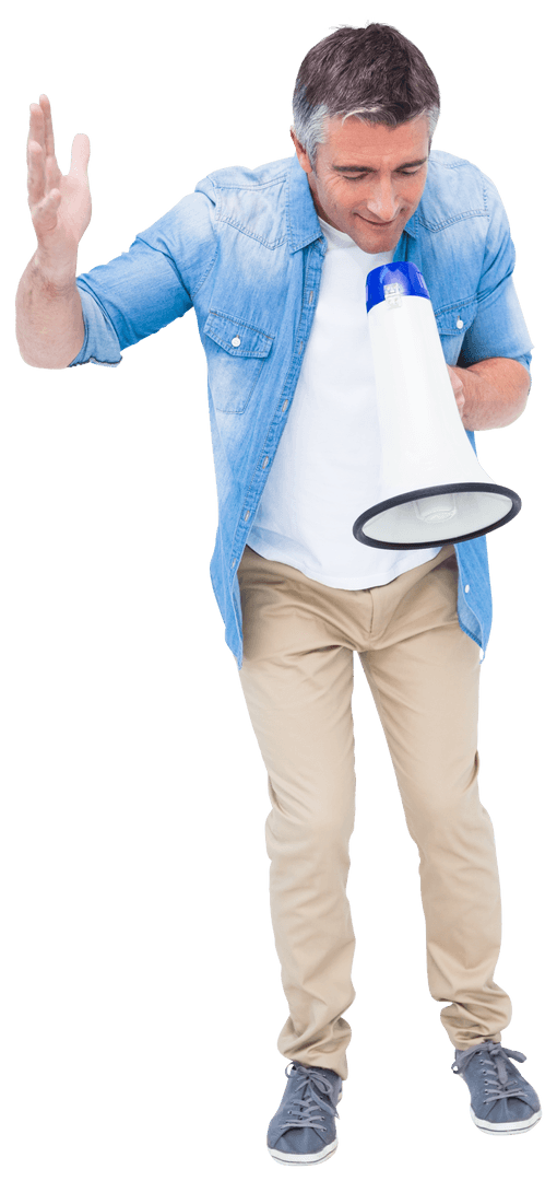 Man Speaking Loud with Megaphone on Transparent Background