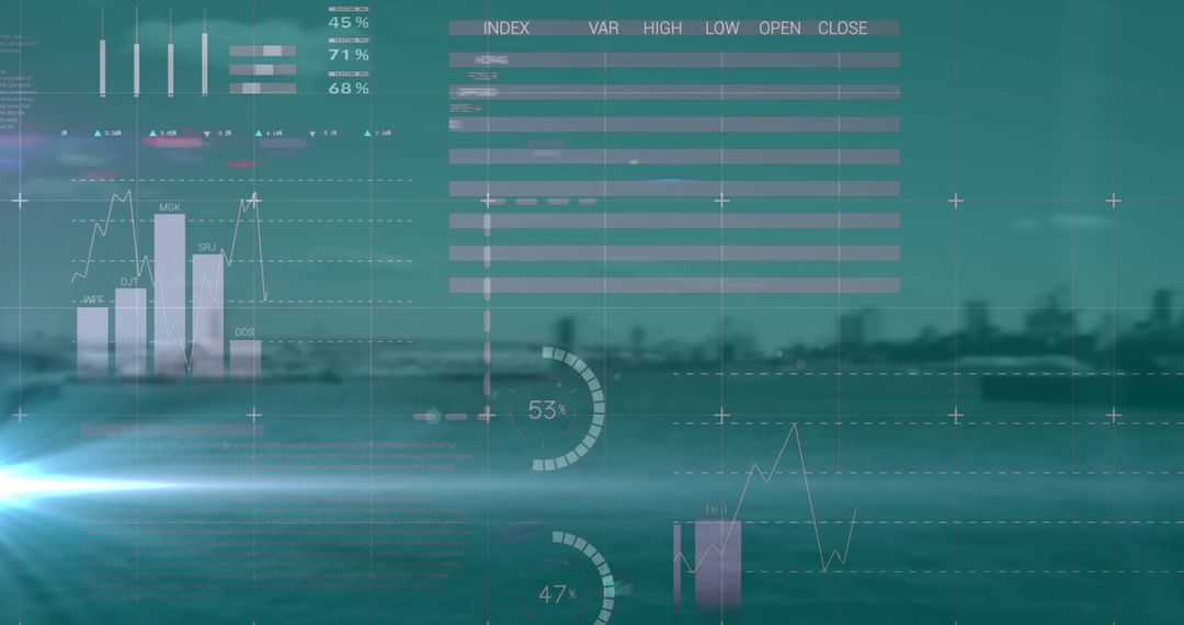 Financial Data Analysis Over Cityscape with Bright Light