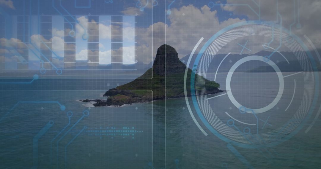 Futuristic Navigation Interface with Rocky Island Backdrop