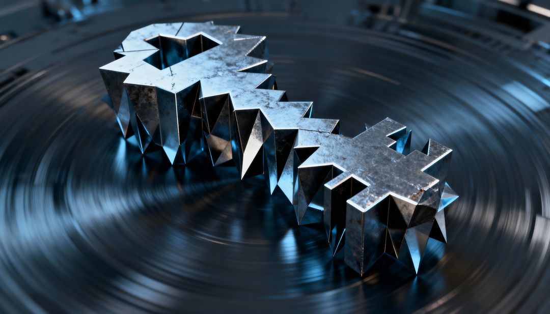 Spinning Faceted Metal Key Rotating on Grooved Turntable with Chrome Reflections and Scuffs