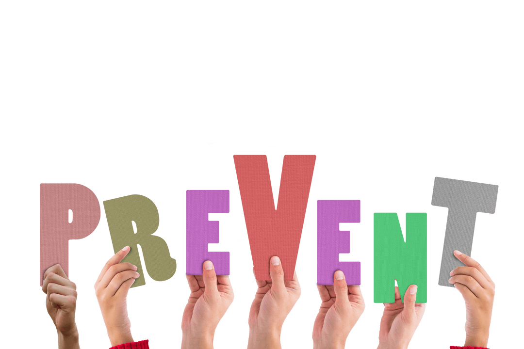 Hands Holding 'PREVENT' Text on Transparent Background