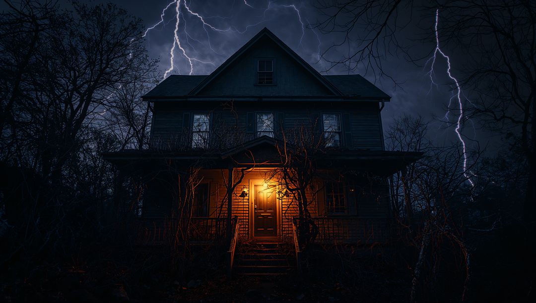 Mysterious Lit House During Stormy Night