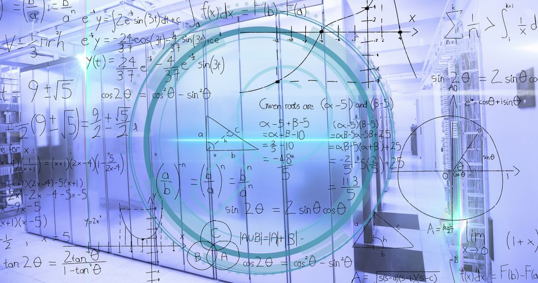 Mathematical Equations Overlaying Modern Data Center