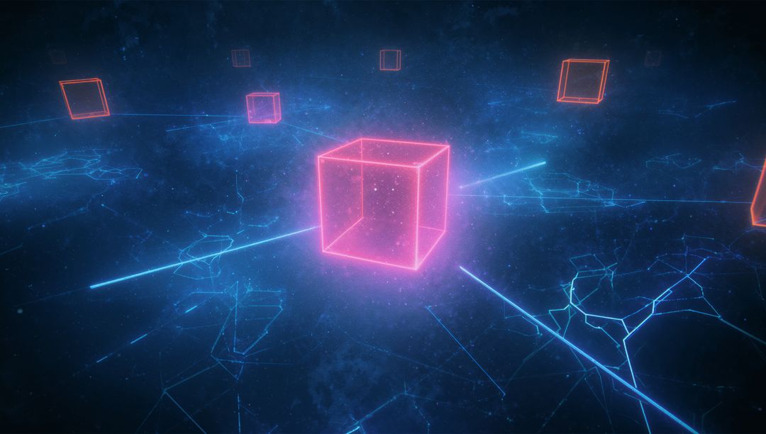Futuristic Neon Cube in Digital Network Grid Concept