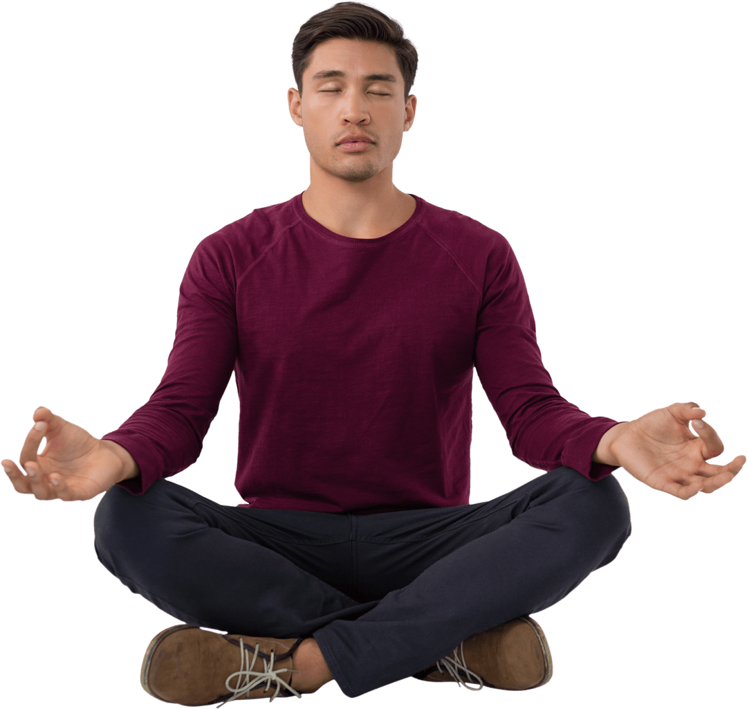 Meditating Businessman in Burgundy Sweater on Transparent Background