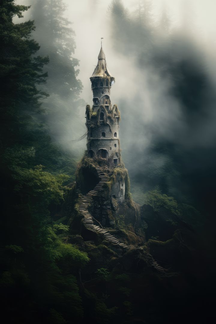 Tower in forest with mist, created using generative ai technology - Free Images, Stock Photos and Pictures on Pikwizard.com