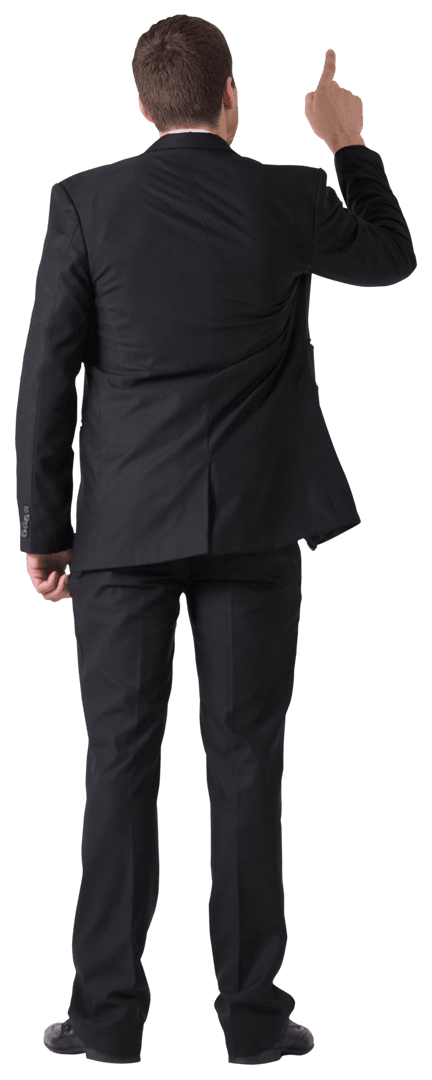Transparent Businessman Pointing Upward in Suit Back View