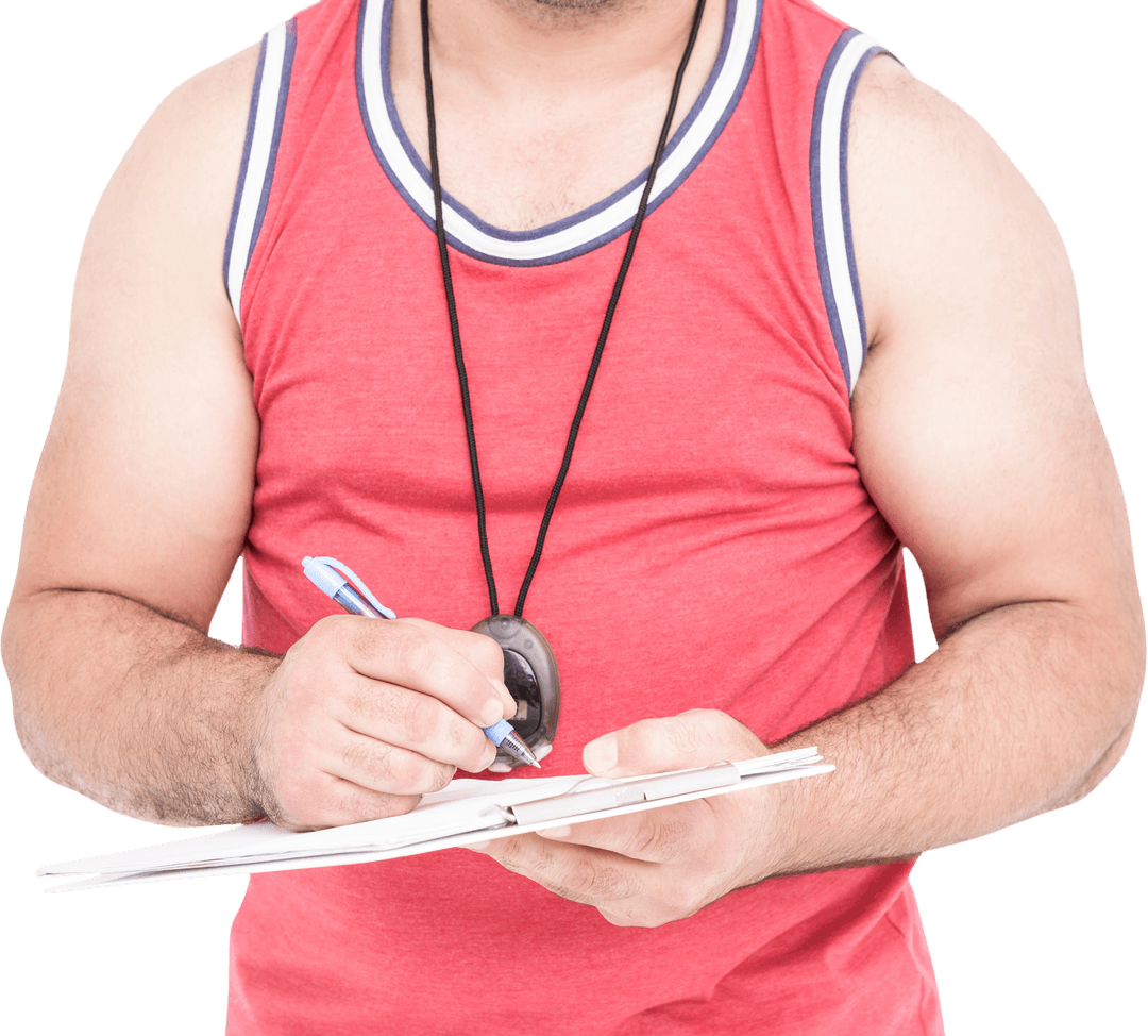 Athletic Coach Writing on Clipboard in Red Tank Top