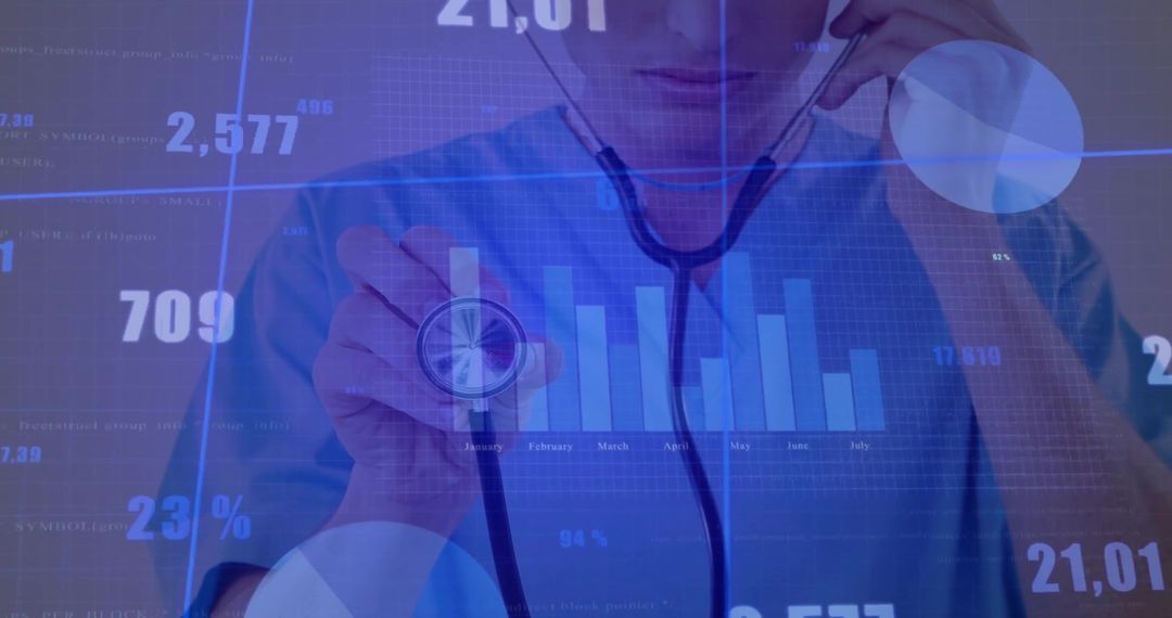 Medical Professional Analyzing Digital Bar Chart data with Stethoscope