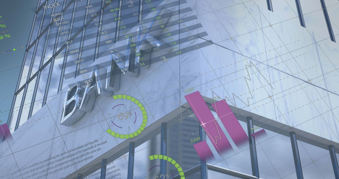 Digital Interface with Financial Data and Skyscraper Overlay