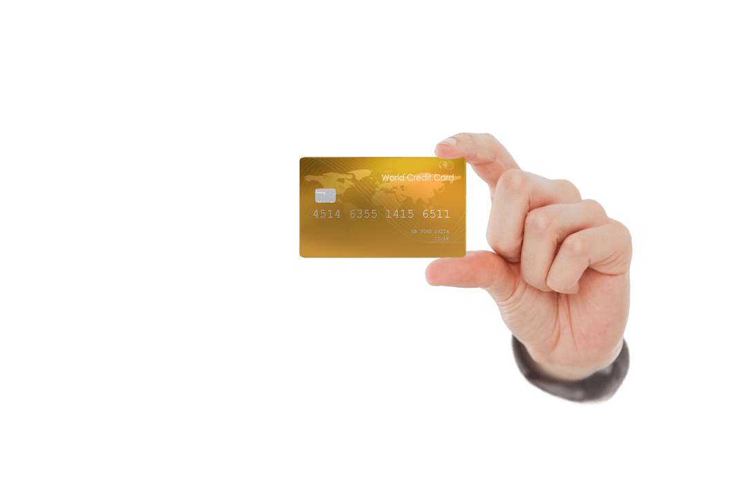Hand Displaying Transparent Gold Credit Card on Clear Background