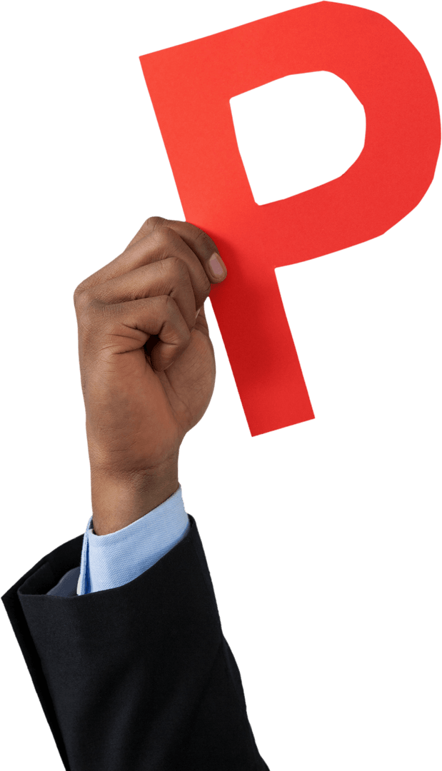 Transparent Hand Holding Red Alphabet P in Business Suit