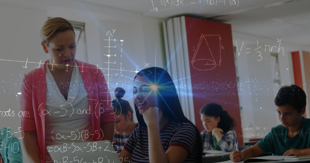 Teacher Guiding Student in Math Class with Digital Formulas Overlay
