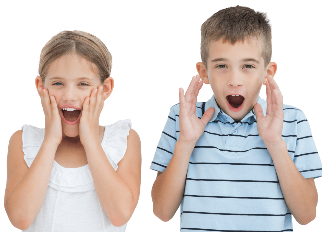 Cheerful Siblings in Matching Expressions with Transparent Background