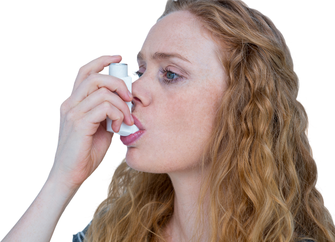 Transparent close-up of woman using asthma inhaler with determined look - Download Free Stock Images Pikwizard.com