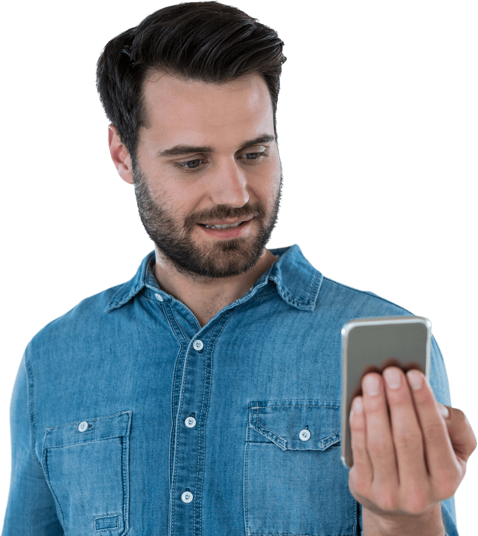 Confident Man in Denim Shirt Checking Mobile Phone Transparent Background