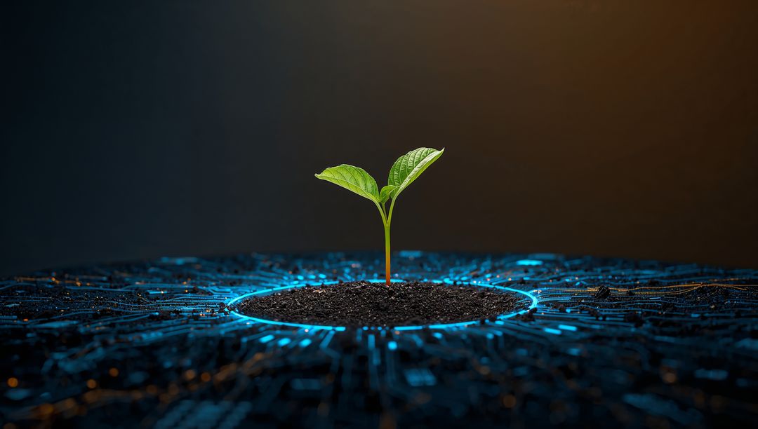 Green Seedling Sprouting from Circular Soil on Futuristic Glowing Circuit Board