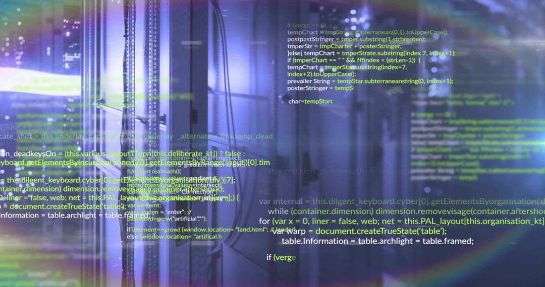 Data Center Server With Overlayed Code Symbolizing Cybersecurity