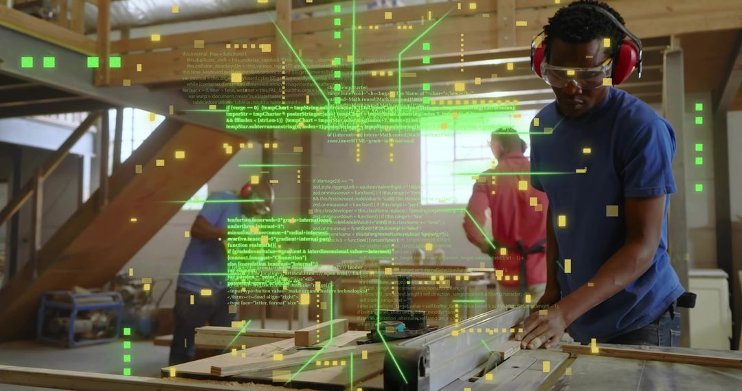 Carpenter using table saw with augmented reality overlay for precision woodworking