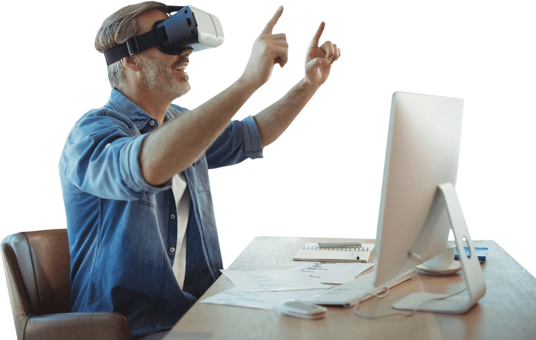 Businessman Using Transparent VR Headset at Desk