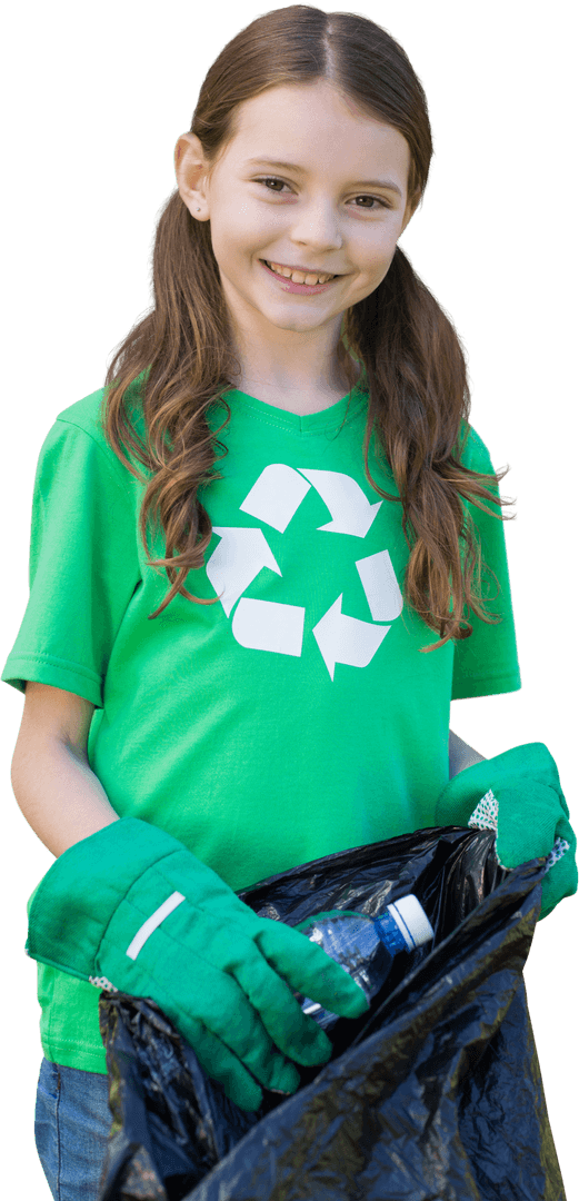 Happy Girl Wearing Green Recycling Shirt Collecting Trash Outdoors Transparent