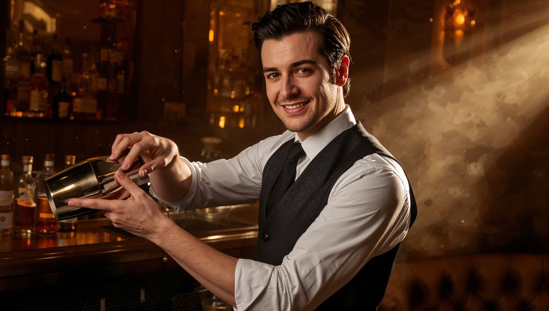 Bartender Mixing Drinks in Elegantly Lit Cocktail Bar