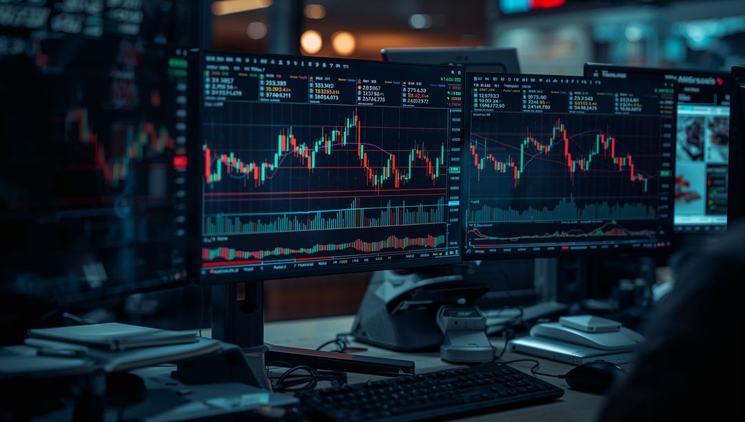 Modern Trading Desk with Multiple Monitor Setup in Financial Office