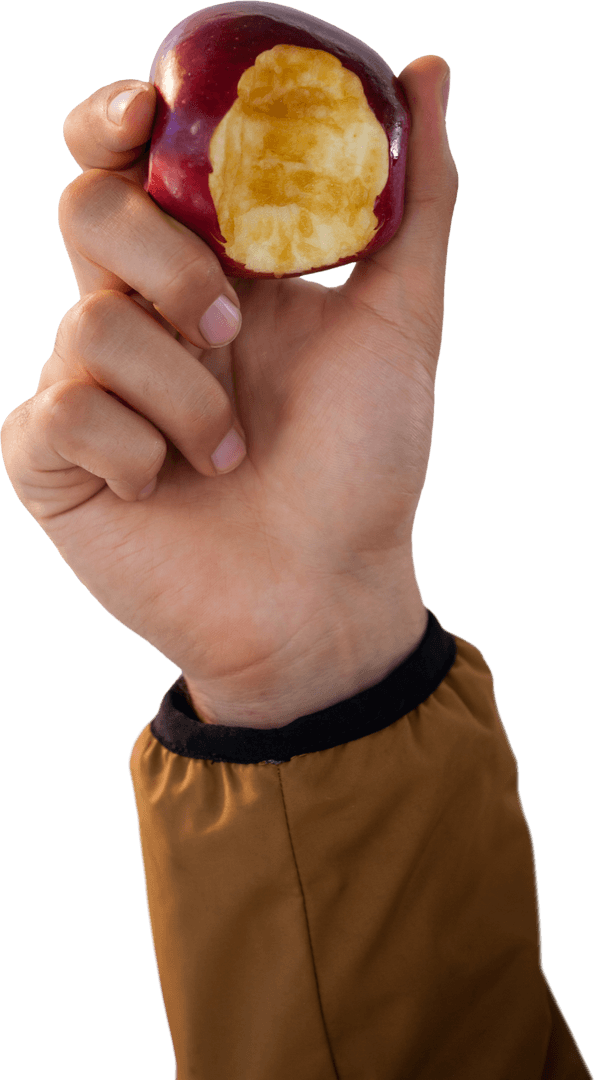 Transparent Hand Holding Bitten Red Apple
