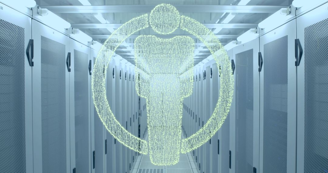 Digital Human Icon Over Servers Representing Data Processing Technology