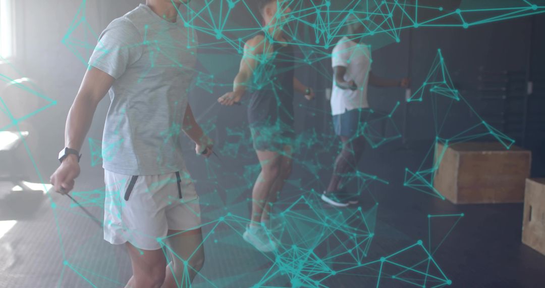 People Skipping Rope in Gym with Digital Graph Overlays